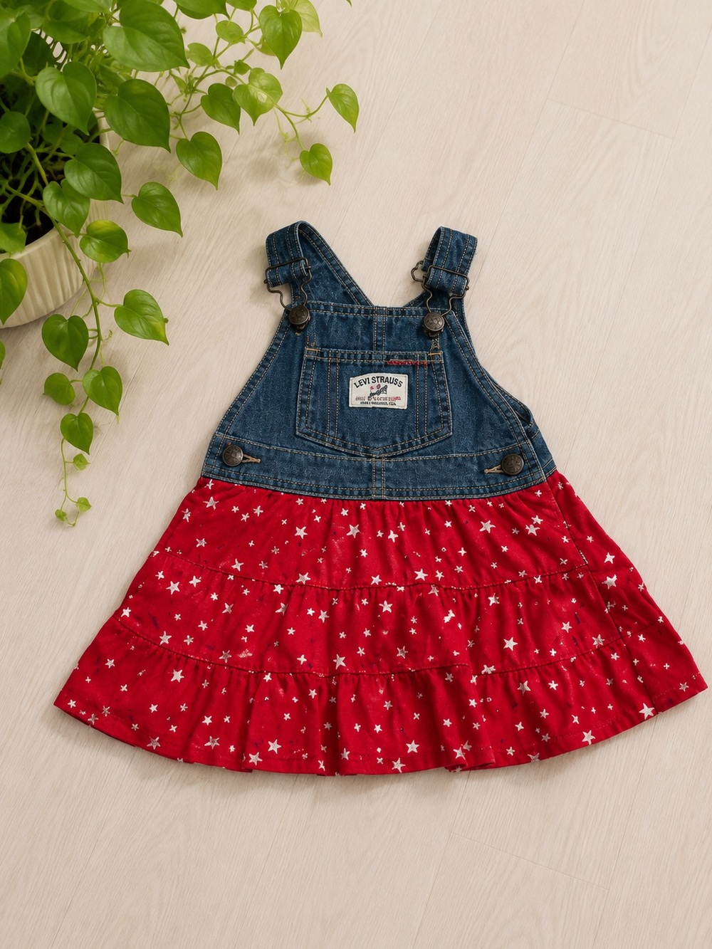 OshKosh B'gosh Infant Denim‎ Overall Dress Red White Star Print Size 12M Tiered